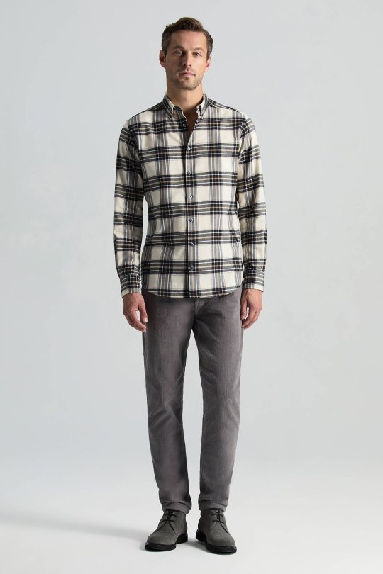 Pamuk Kaşmir Karışım Ekose Desen Beyaz-Lacivert Gömlek