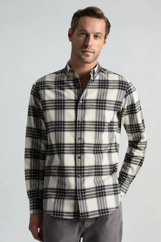 Hemington - Pamuk Kaşmir Karışım Ekose Desen Beyaz-Lacivert Gömlek