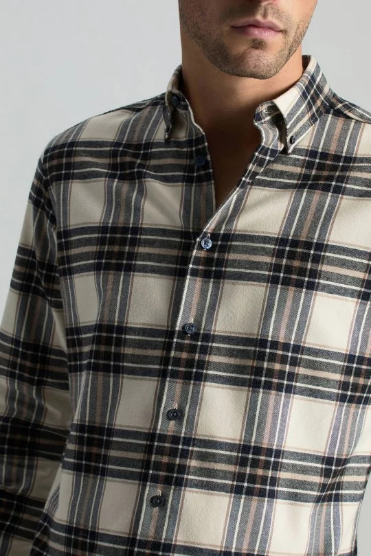 Hemington - Pamuk Kaşmir Karışım Ekose Desen Beyaz-Lacivert Gömlek (4)