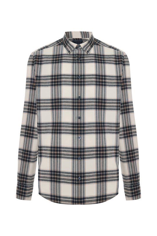 Pamuk Kaşmir Karışım Ekose Desen Beyaz-Lacivert Gömlek