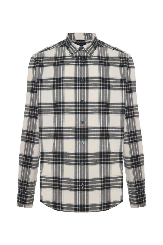 Hemington - Pamuk Kaşmir Karışım Ekose Desen Beyaz-Lacivert Gömlek (6)