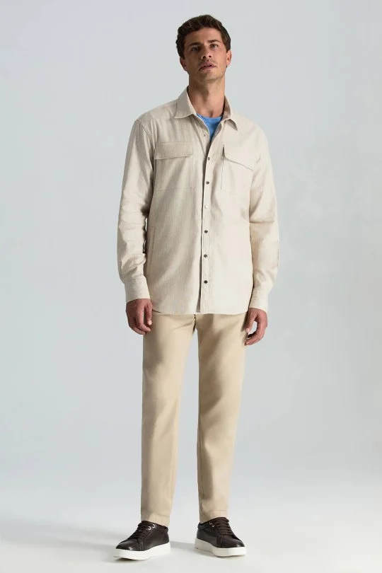 Hemington - Pamuk Tencel Kumaş Metal Düğmeli Açık Bej Ceket Gömlek (1)