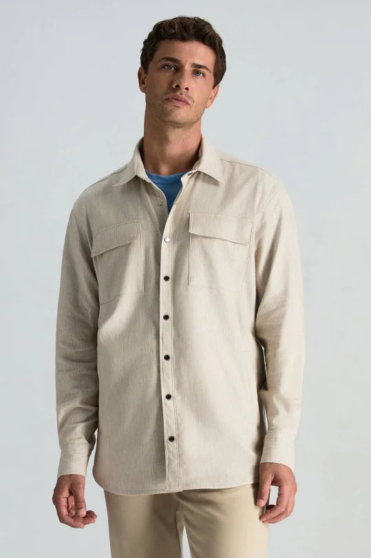 Hemington - Pamuk Tencel Kumaş Metal Düğmeli Açık Bej Ceket Gömlek