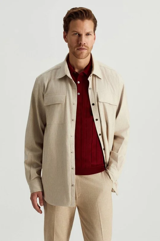 Hemington - Pamuk Tencel Kumaş Metal Düğmeli Açık Bej Ceket Gömlek (2)