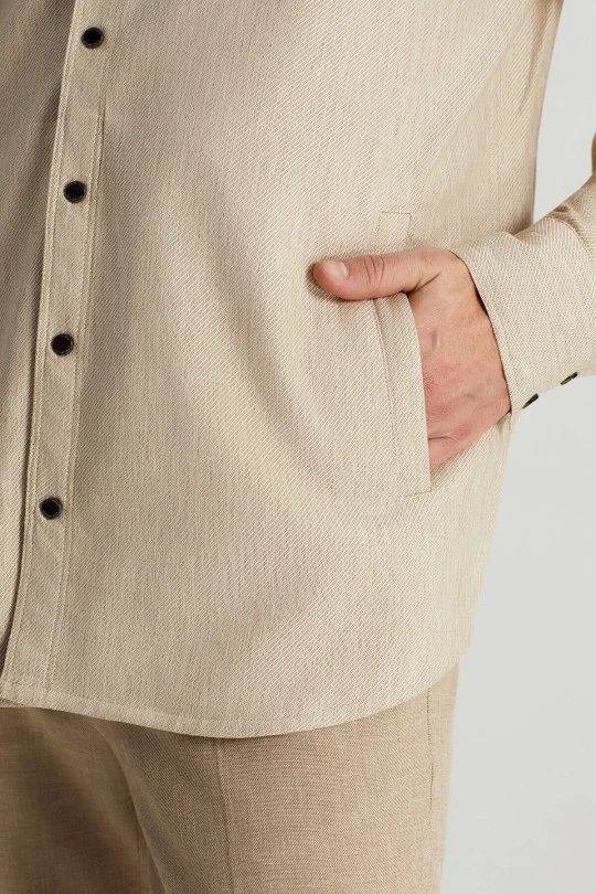 Hemington - Pamuk Tencel Kumaş Metal Düğmeli Açık Bej Ceket Gömlek (3)