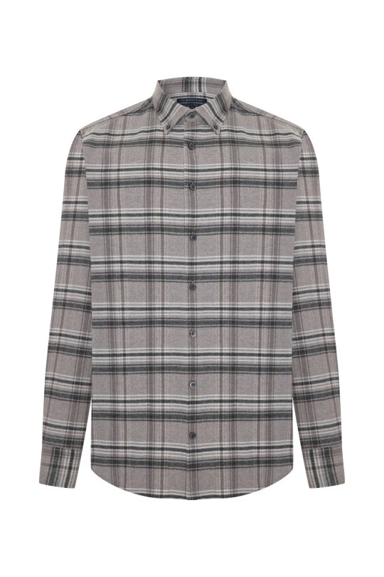 Pamuk Yün Karışım Ekose Desen Gri Gömlek