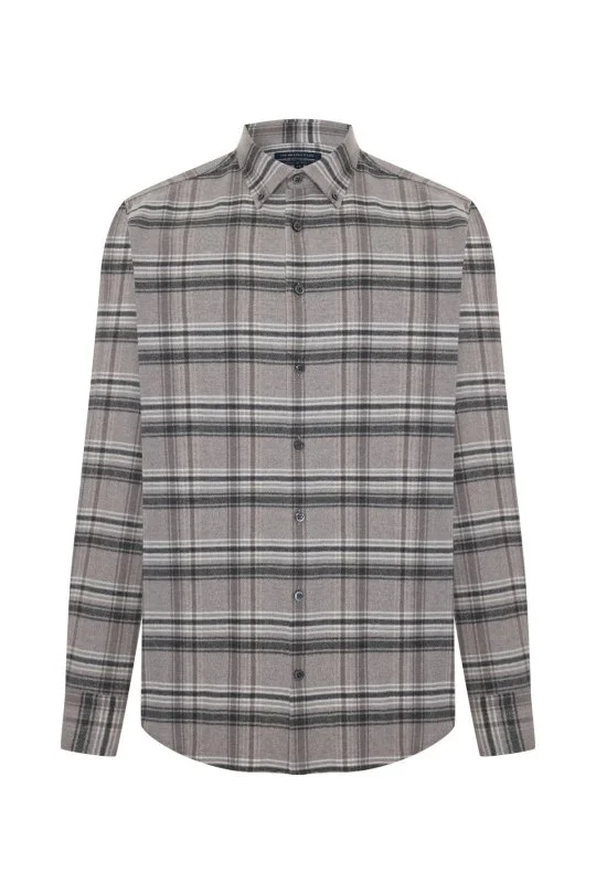 Hemington - Pamuk Yün Karışım Ekose Desen Gri Gömlek (6)