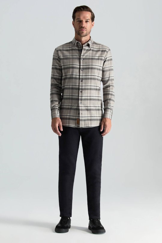 Pamuk Yün Karışım Ekose Desen Gri Gömlek