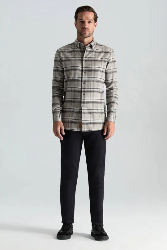 Hemington - Pamuk Yün Karışım Ekose Desen Gri Gömlek