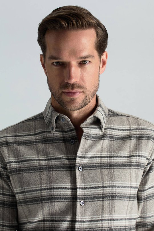 Pamuk Yün Karışım Ekose Desen Gri Gömlek