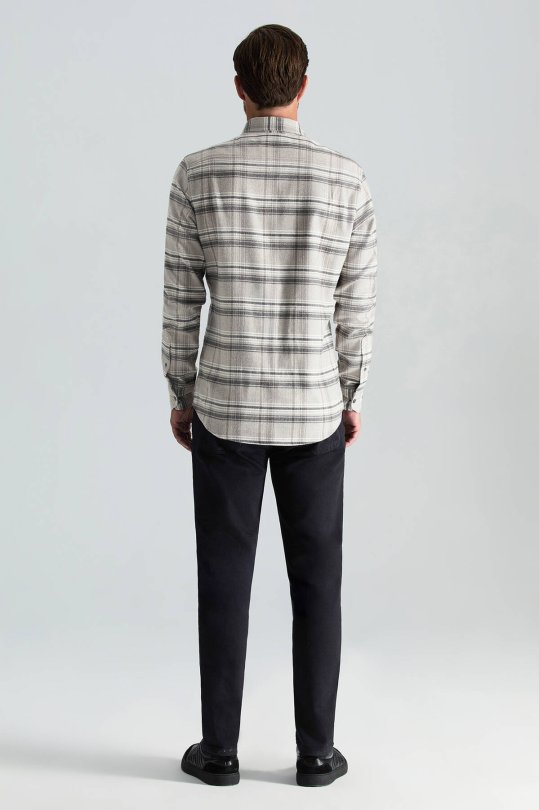 Pamuk Yün Karışım Ekose Desen Gri Gömlek