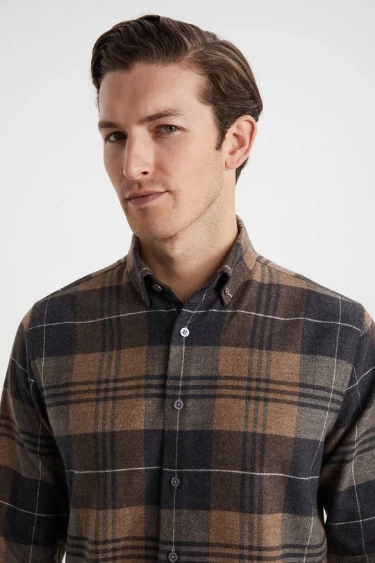 Hemington - Pamuk Yün Karışım Tartan Desen Kahverengi Gömlek
