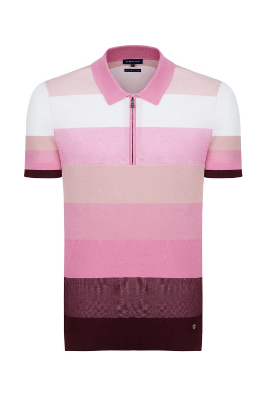 Pembe Çizgili Fermuarlı Yaka Merserize Pamuk Triko Polo