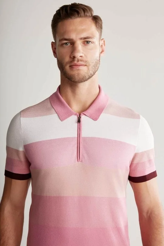 Hemington - Pembe Çizgili Fermuarlı Yaka Merserize Pamuk Triko Polo