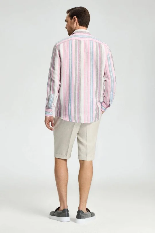 Hemington - Pembe Çizgili Saf Keten Gömlek (9)