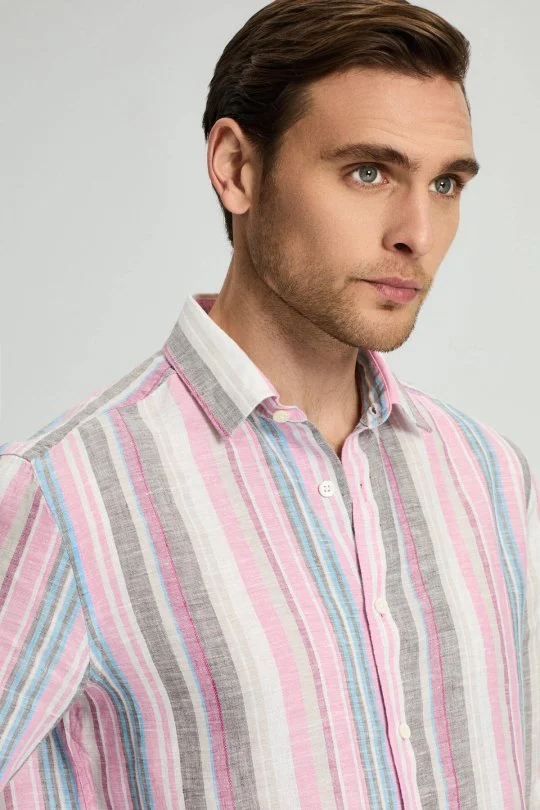 Hemington - Pembe Çizgili Saf Keten Gömlek (7)