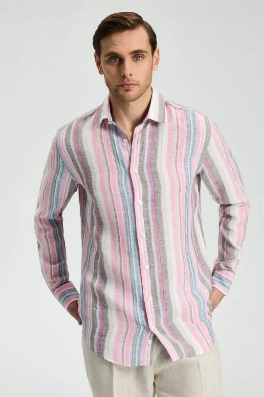 Hemington - Pembe Çizgili Saf Keten Gömlek (8)