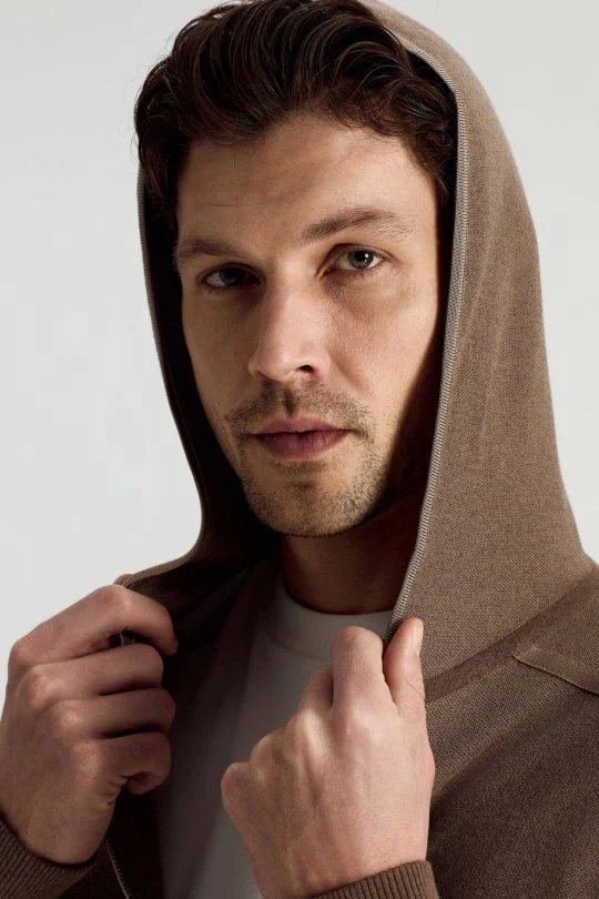 Hemington - Pike Örgü Pamuk Karışım Kapüşonlu Açık Kahverengi Triko Hırka (3)