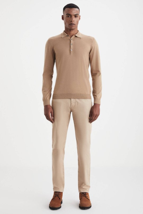 Extrafine Merino Polo Yaka Camel Triko