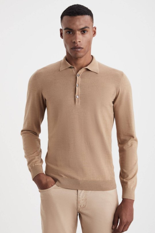 Polo Yaka Merino Yün Camel Triko