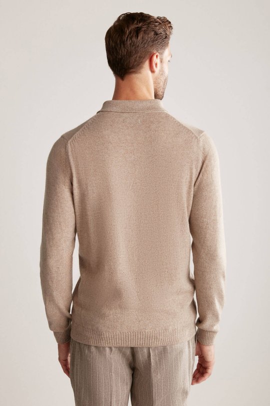 Polo Yaka Camel Saf Kaşmir Kazak
