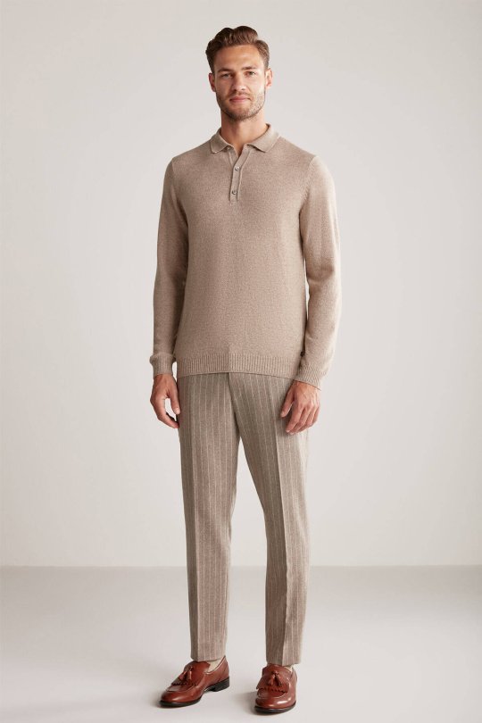 Polo Yaka Camel Saf Kaşmir Kazak