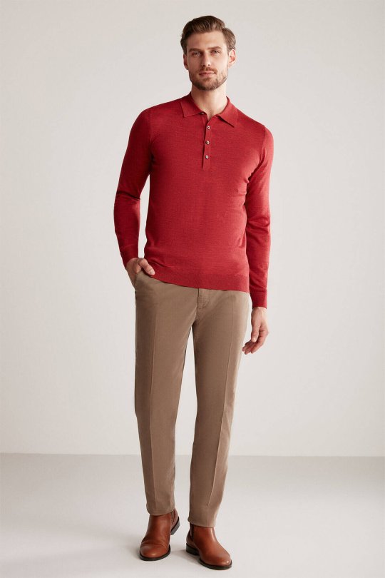 Extrafine Merino Polo Yaka Kırmızı Triko