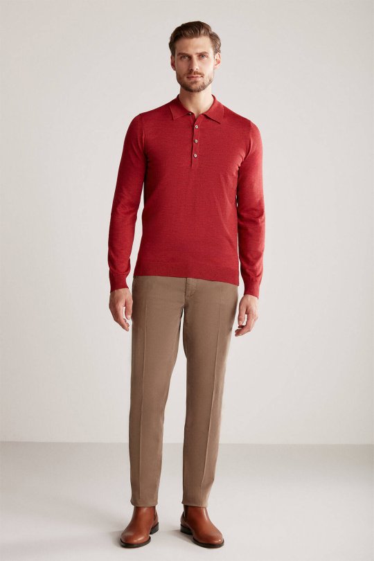 Extrafine Merino Polo Yaka Kırmızı Triko