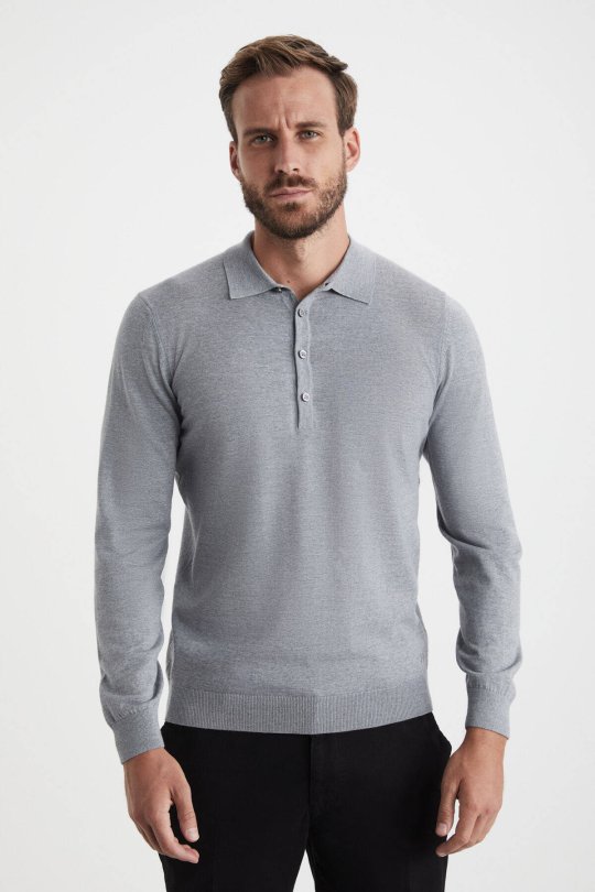 Extrafine Merino Polo Yaka Açık Gri Triko