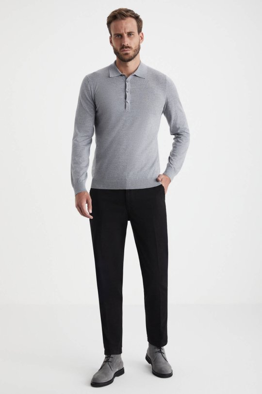 Extrafine Merino Polo Yaka Açık Gri Triko