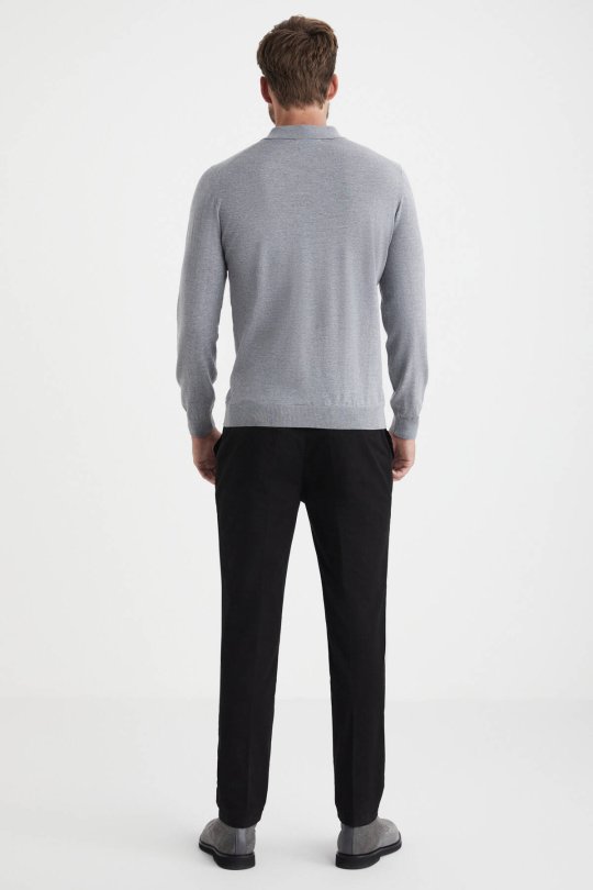 Extrafine Merino Polo Yaka Açık Gri Triko
