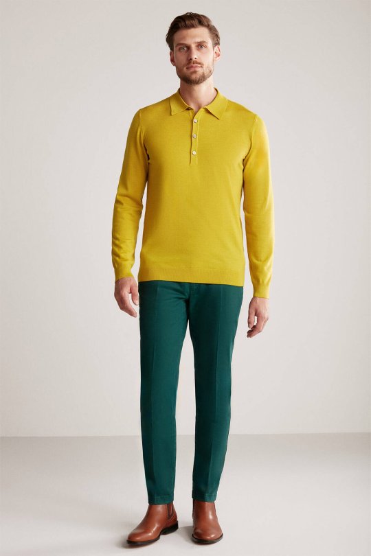 Extrafine Merino Polo Yaka Altın Sarısı Triko