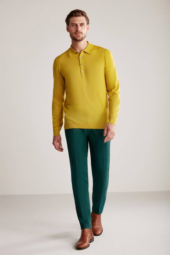 Extrafine Merino Polo Yaka Altın Sarısı Triko