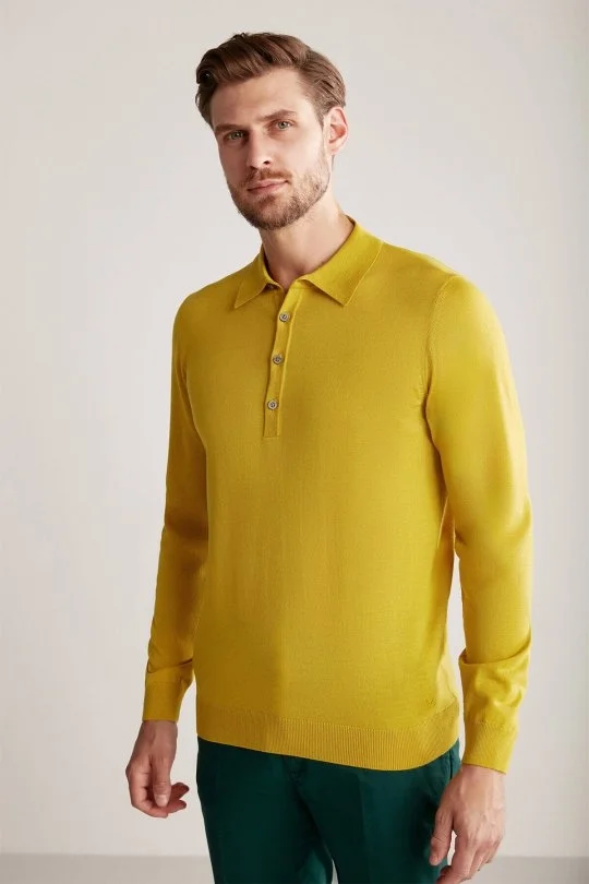 Hemington - Extrafine Merino Polo Yaka Altın Sarısı Triko