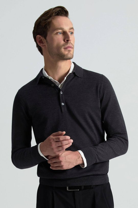 Extrafine Merino Polo Yaka Antrasit Triko