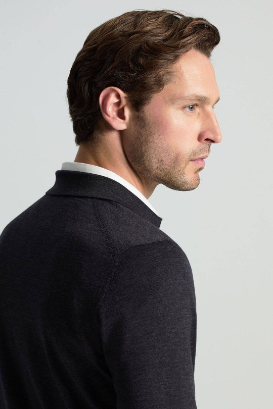 Extrafine Merino Polo Yaka Antrasit Triko