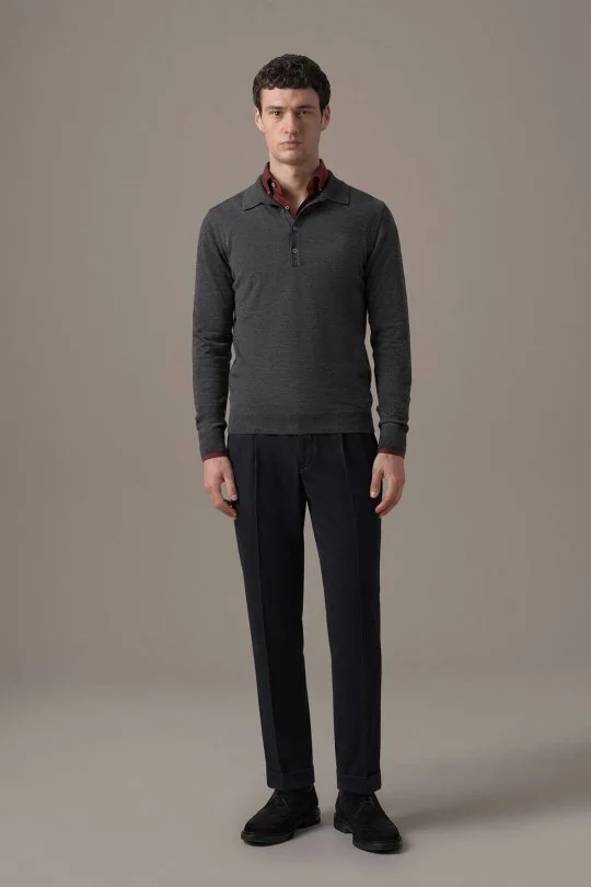 Extrafine Merino Polo Yaka Antrasit Triko