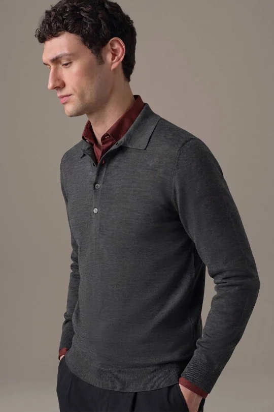 Extrafine Merino Polo Yaka Antrasit Triko