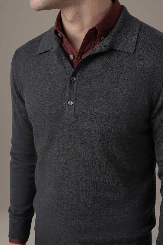 Extrafine Merino Polo Yaka Antrasit Triko