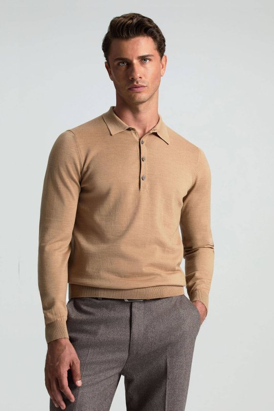 Polo Yaka Merino Yün Camel Triko