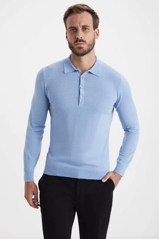Hemington - Extrafine Merino Polo Yaka Gök Mavisi Triko