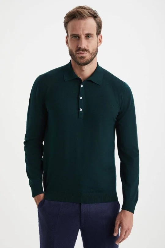 Hemington - Extrafine Merino Polo Yaka Koyu Yeşil Triko