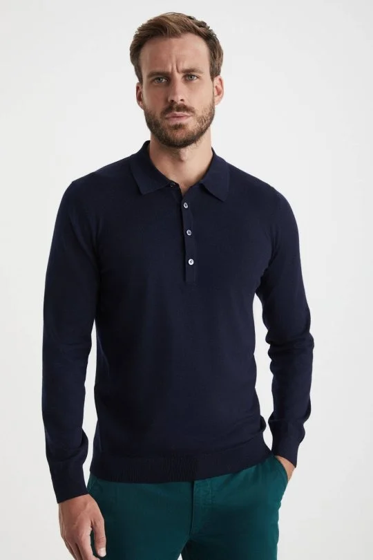 Hemington - Extrafine Merino Polo Yaka Lacivert Triko