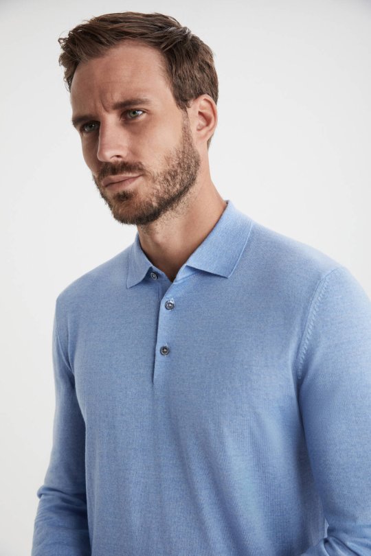 Merino Yün Polo Yaka Mavi Kazak