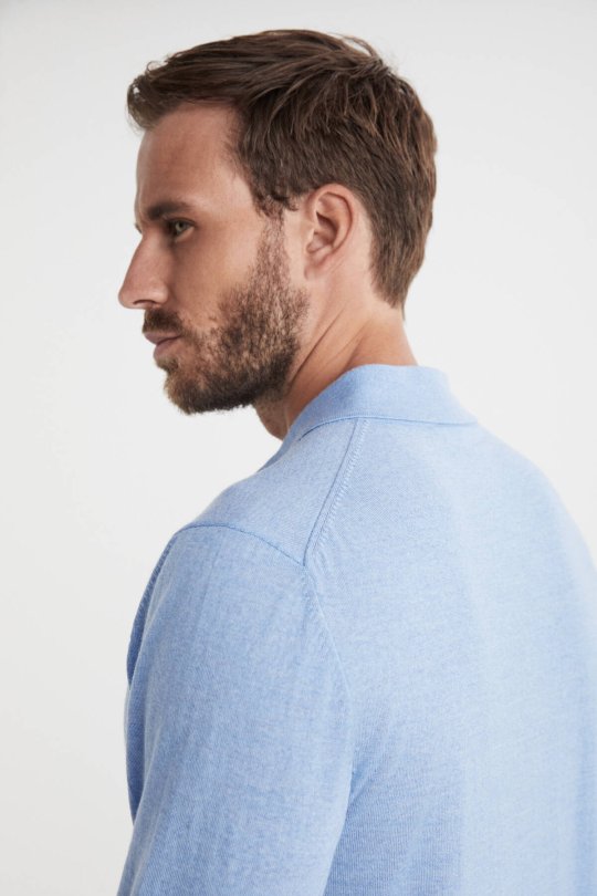 Merino Yün Polo Yaka Mavi Kazak