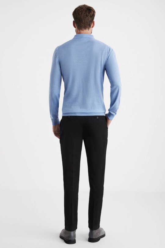 Merino Yün Polo Yaka Mavi Kazak