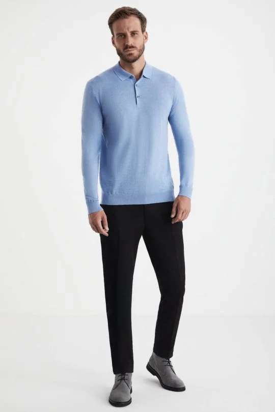 Hemington - Merino Yün Polo Yaka Mavi Kazak (1)