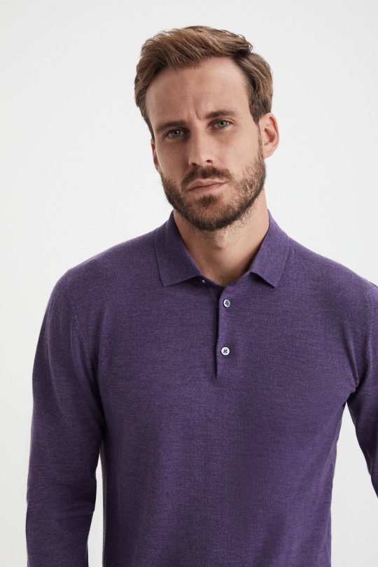 Merino Yün Polo Yaka Mor Kazak