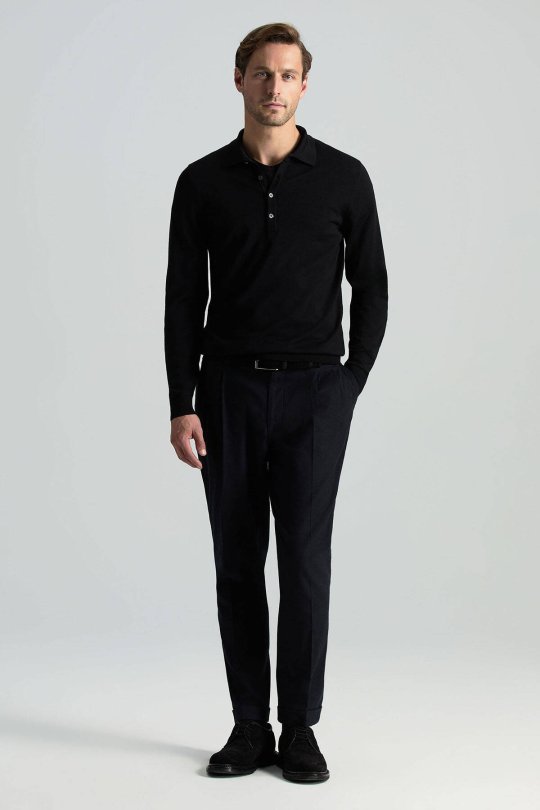 Extrafine Merino Polo Yaka Siyah Triko