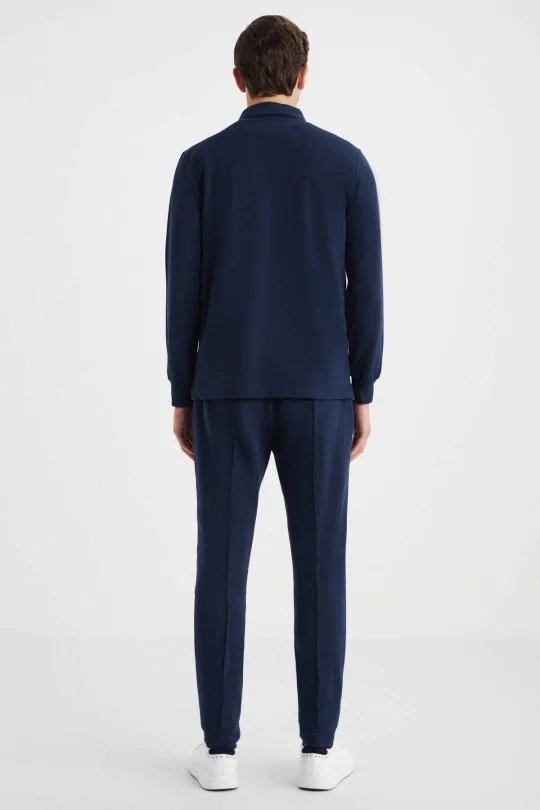 Polo Yaka Pamuk Karışımlı Lacivert Sweatshirt